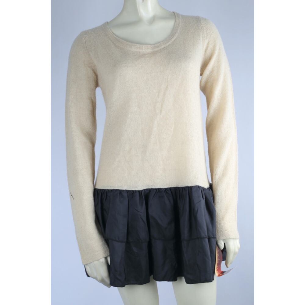 Manoush Beige Knit Oversized Silk Bow Pullover Sweater Long Sleeve Size M